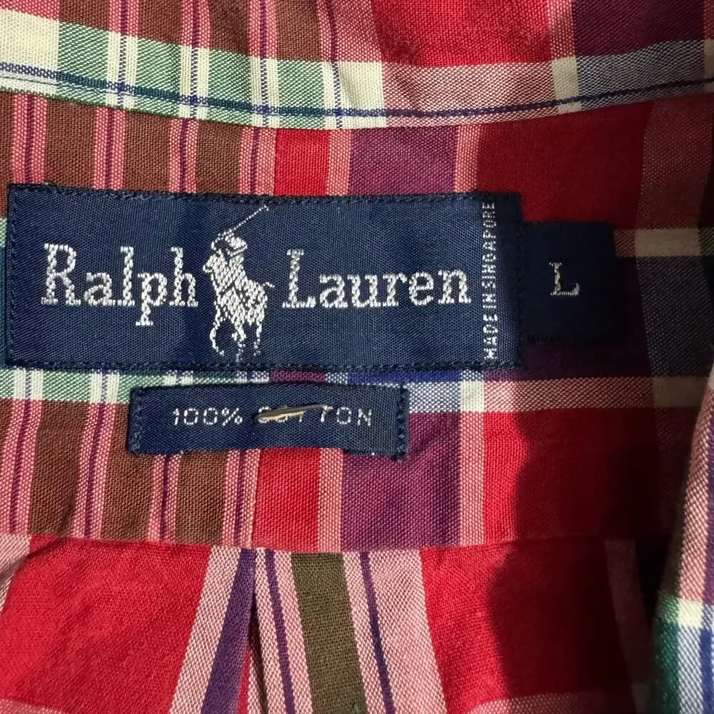 Polo Ralph Lauren Red Blue Green Checkers Button Down Shirt Large 100% Cotton
